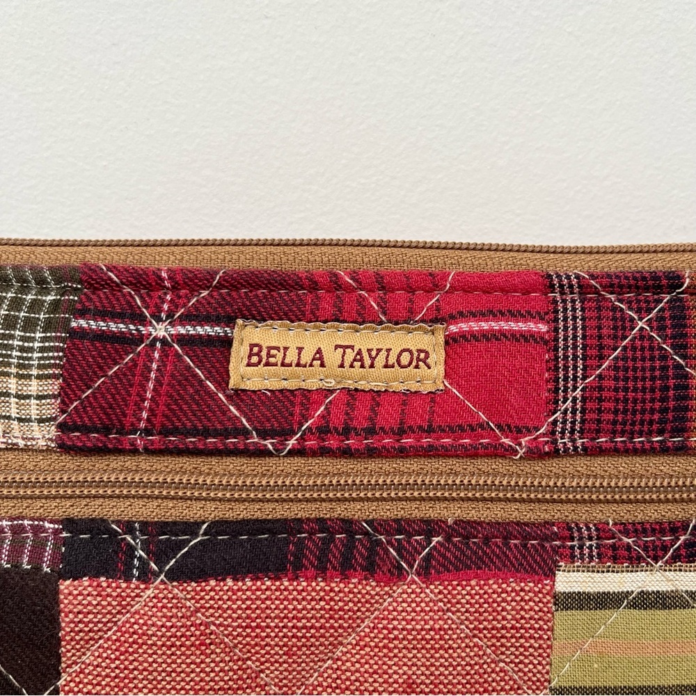 Bella Taylor Quilted Wallet Plaid Patchwork Zip Wristlet Red Tan Cotton - Picture 5 of 12